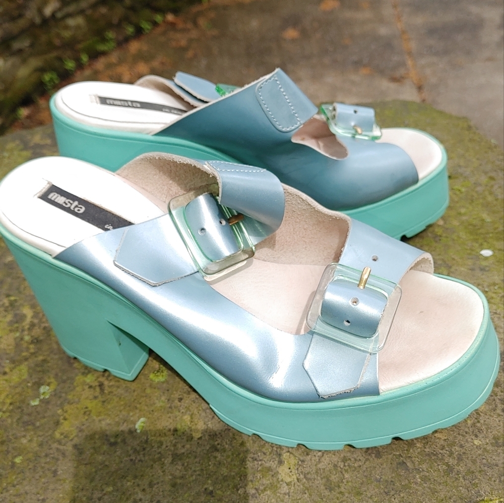 Miista ice blue leather platform slides size 36